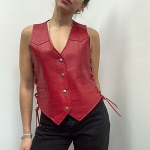 Vintage 90s Red Lace Up Leather Biker Vest Snap Front Size M